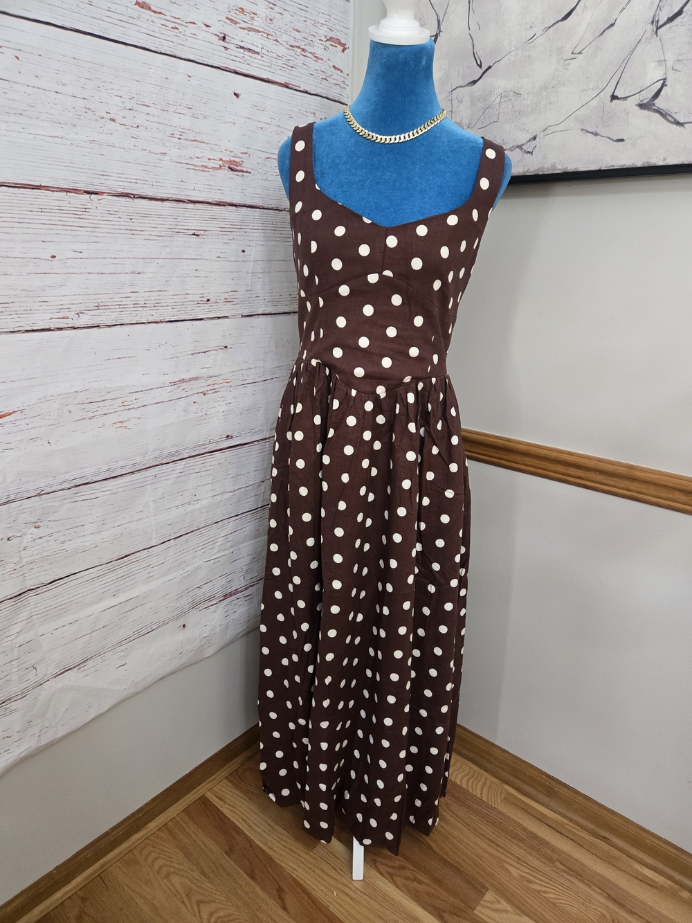 GAP Linen Blend Polka Dot Midi Dress Brown Cream Size M NWT